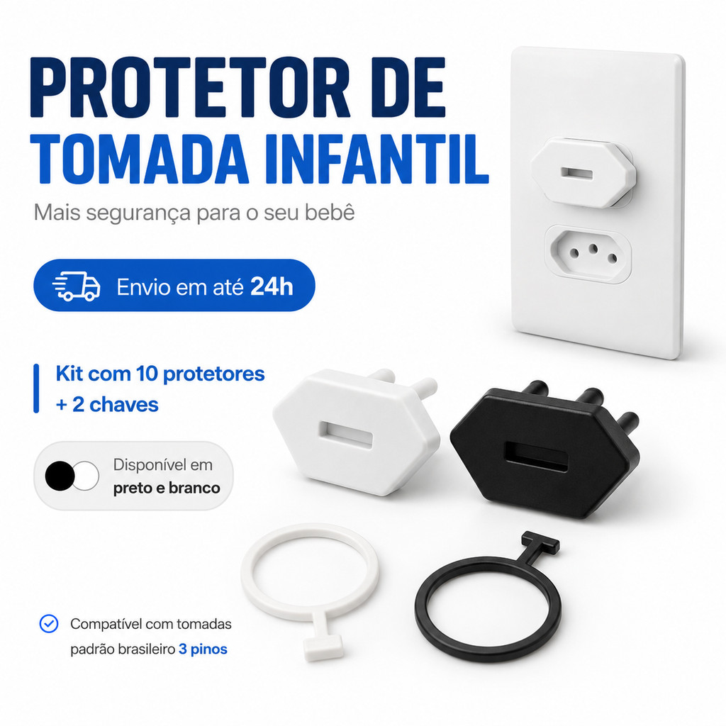 Kit 10 Protetores de Tomada Infantil 3 Pinos com 2 Chaves Segurança Bebê Preto ou Branco