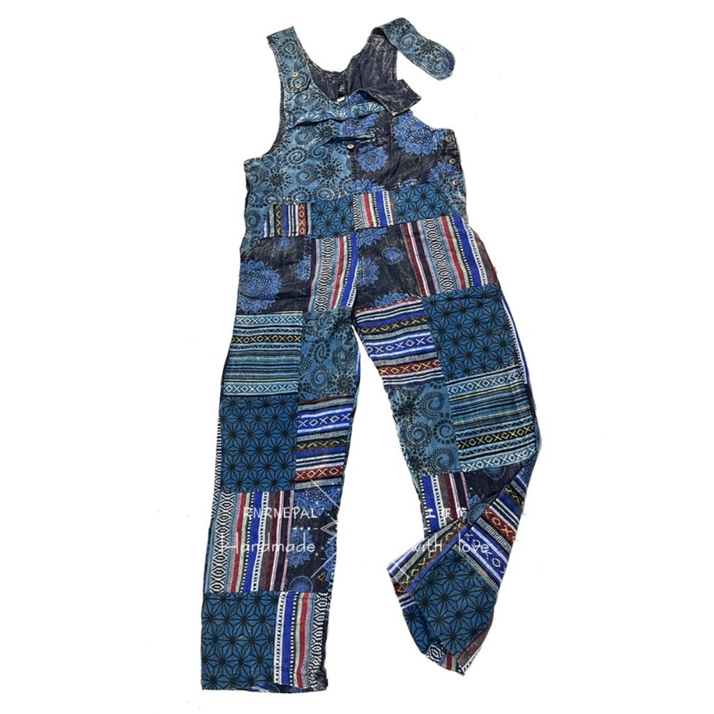 R RNRNEPAL Macacão com costura de algodão puro tecido estampado costura calças desgastadas macacão masculino Hippie calç