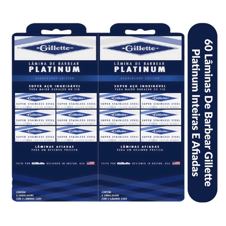 60 Lâminas de Barbear Gillette Platinum Inteiras e Afiadas