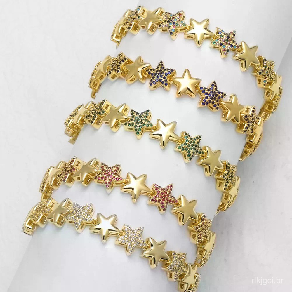 Pulseiras Grossas De Estrela De Cristal Fúcsia Para Mulheres , De Pentagrama Banhadas A Ouro , Joias Delicadas brtj10