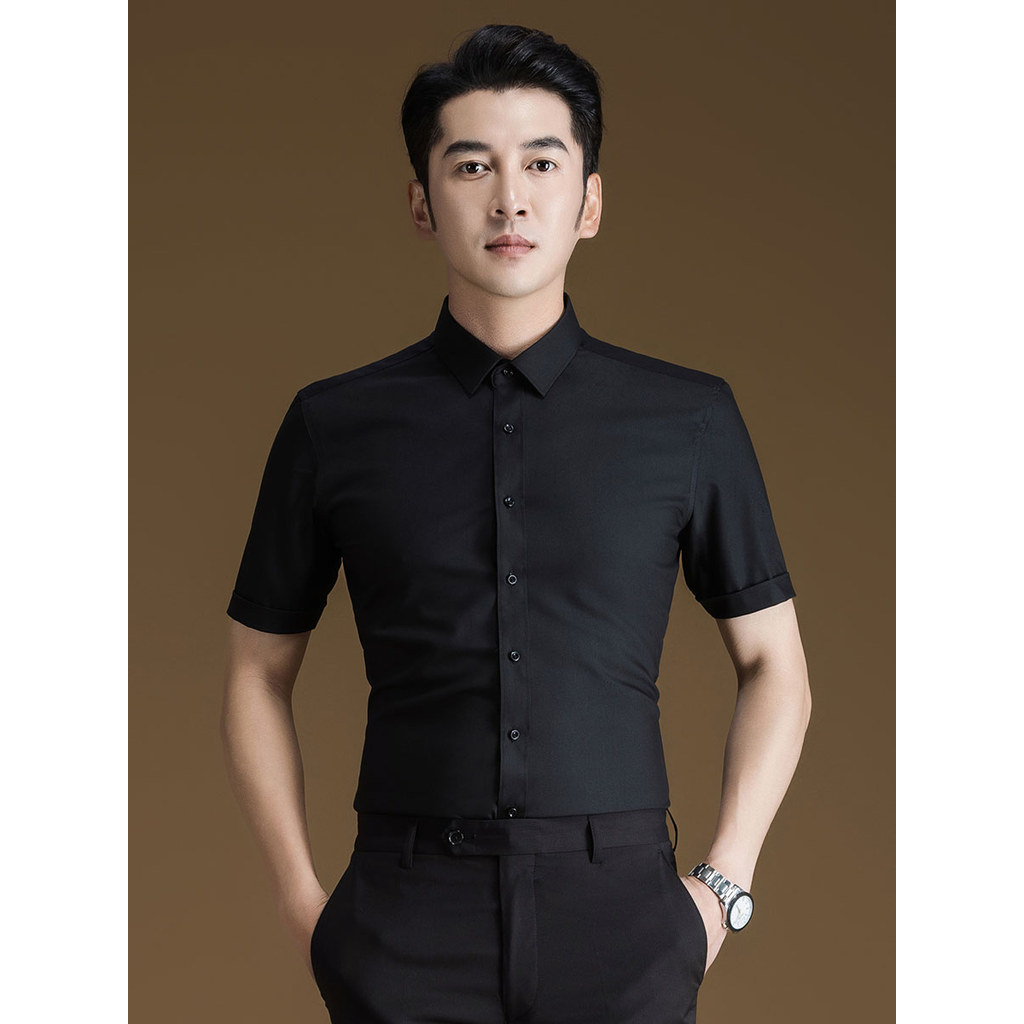 P POWO Camisa de manga curta preta negócios Casual verão estilo fino versão coreana Slim-fit Micro-elástico não ferro ca