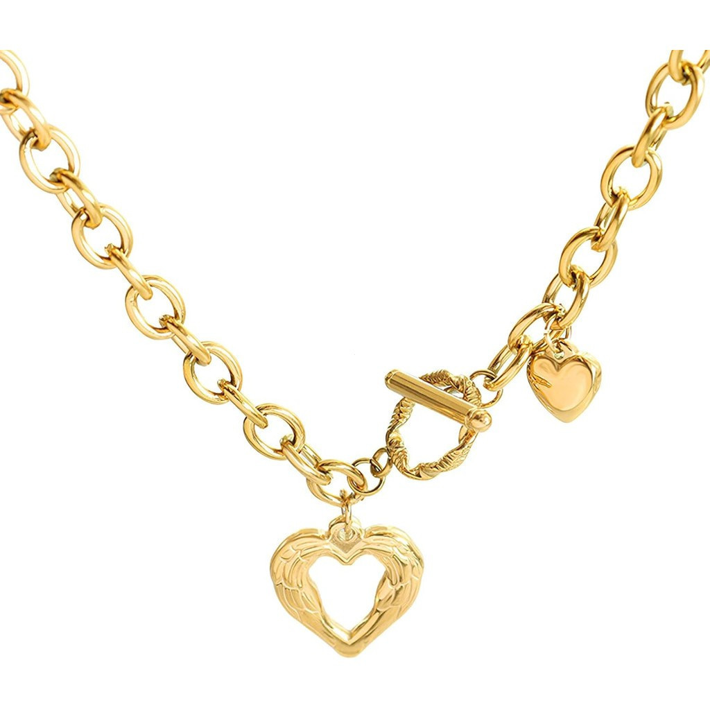 Colar de ouro feminino, colar com fecho de alavanca, colar de coração duplo, colar grosso, presente de joalheria