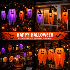 Fantasma Decorativo com Chapéu e Luz LED para Halloween Festa e Eventos
