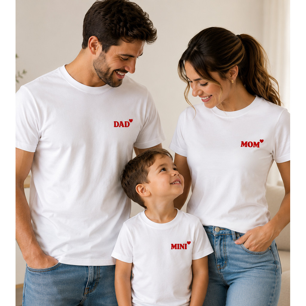 Kit Camisetas Família Dad Mom Mini Gestante Presente Pais e Mães Look Igual Pai Filho Mãe