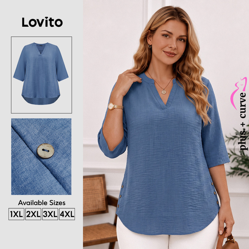 Lovito Casual Blusa Curva Plus Size Blusa Básica Com Botão Liso Para Mulheres LBL18309