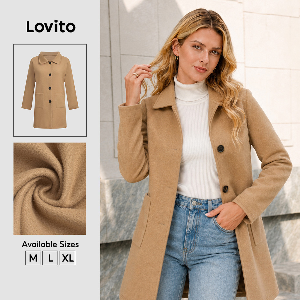 Lovito Elegante Casaco Botão Frontal Casaco Caqui Outono/inverno para mulheres LNL141425