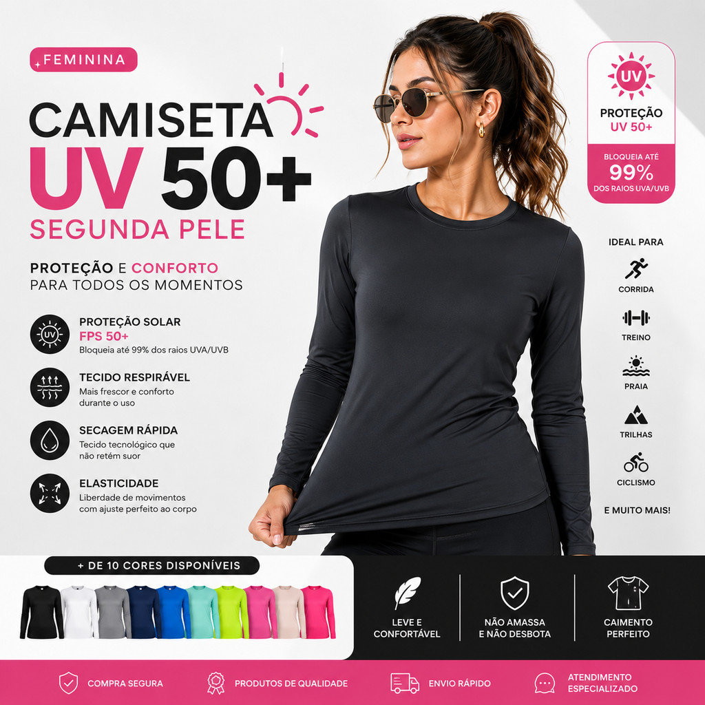 Camiseta Feminina UV50+ Blusa Térmica Segunda Pele Manga Longa Dry Fit Fitness Academia Esportiva Proteção Solar