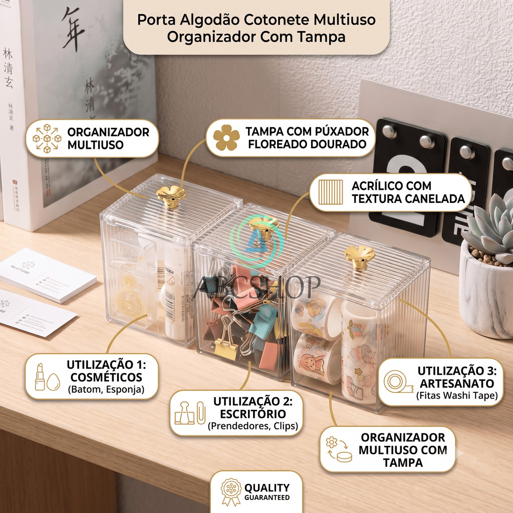 Porta Algodão Cotonete Multiuso Organizador Com Tampa