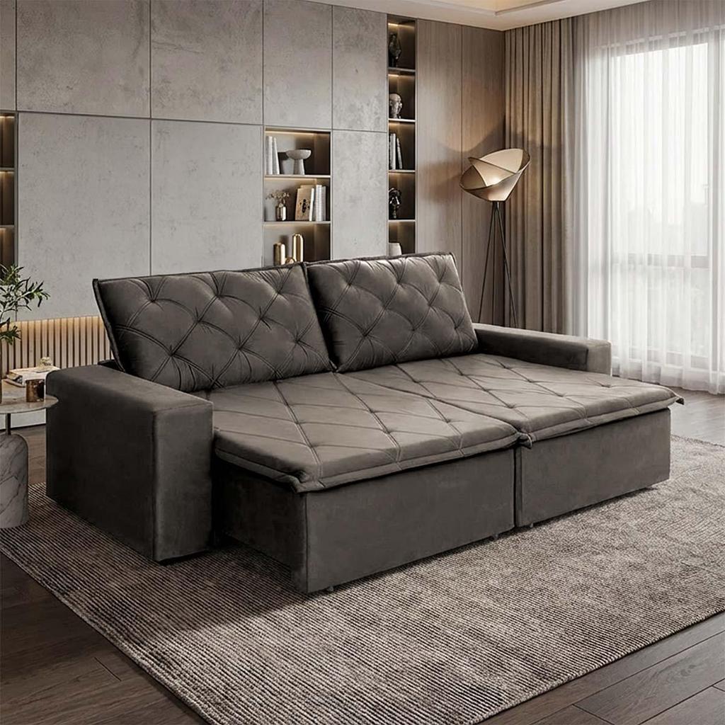 Sofá Cama Bangkok Sem Caixa 2,10m Retrátil e Reclinável Com Molas Velut Tabaco- King House
