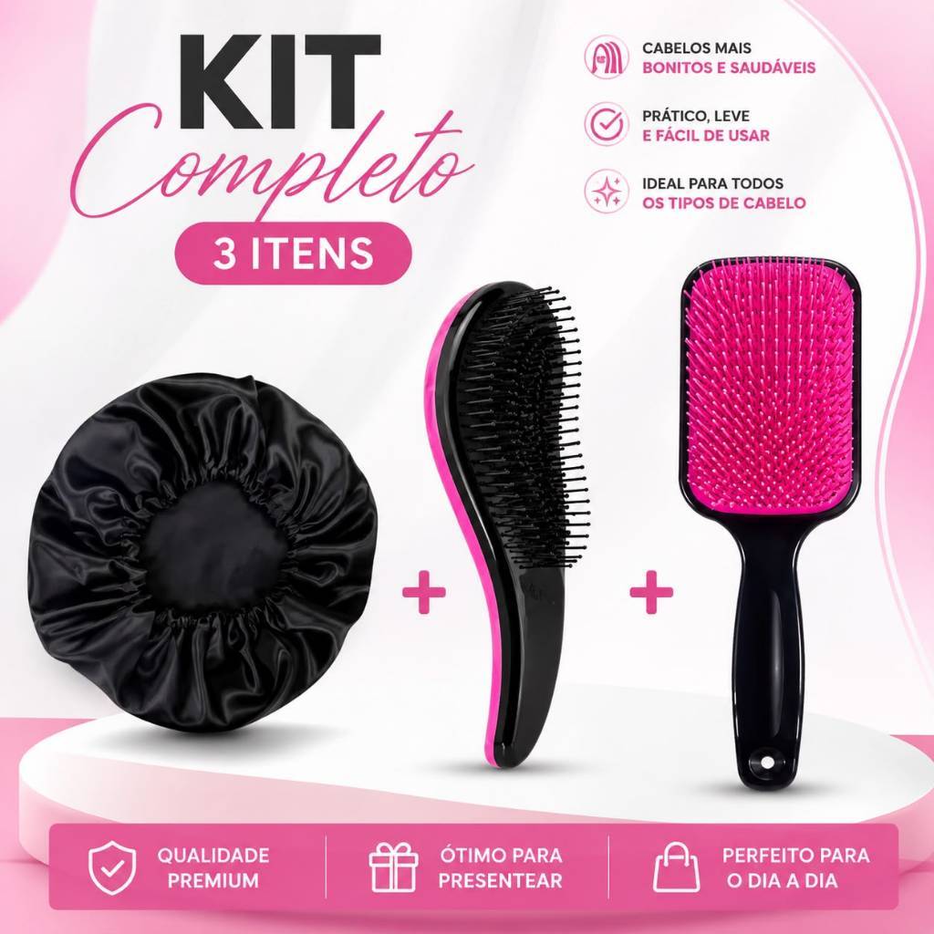 Kit De Escova Raquete Curvada + Escova Magica + Touca De Cetim