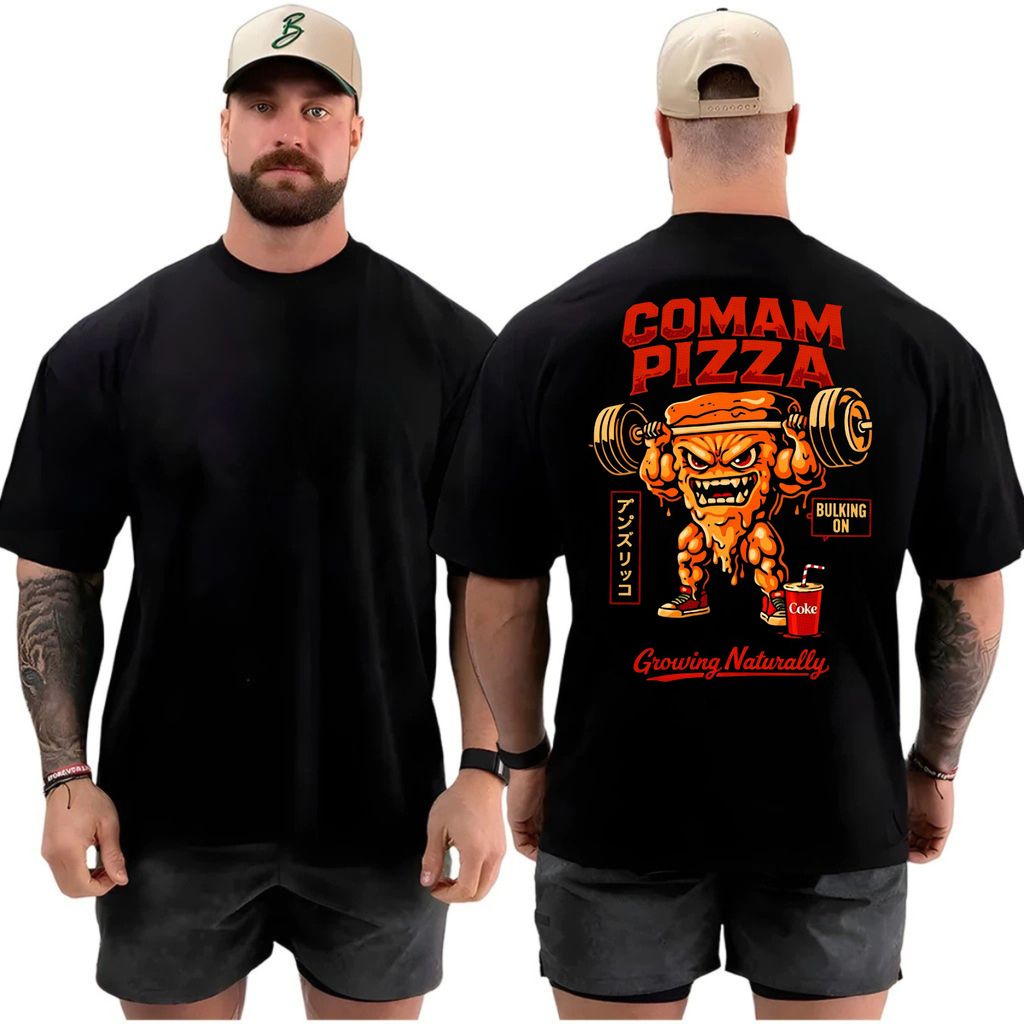 Camiseta masculina Oversized Estampa Comam Pizza para Academia Musculação camisa algodão Streetwear 100% Algodão