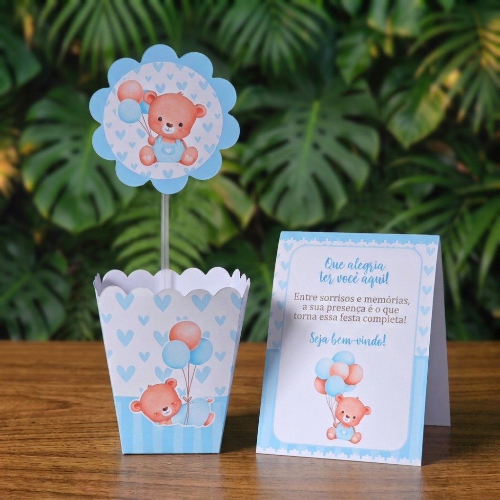 Centros de mesa + Plaquinhas URSINHO AZUL chá de bebê fraldas lembrancinhas personalizadas infantil decoração kit festa