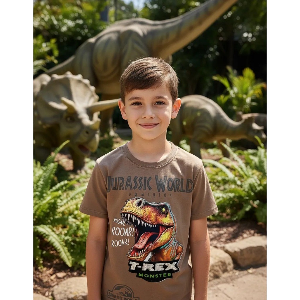 Camiseta LED Jurassic World Pisca Prova d´água Dinossauro Infantil Alta Qualidade - Estilo Nacional