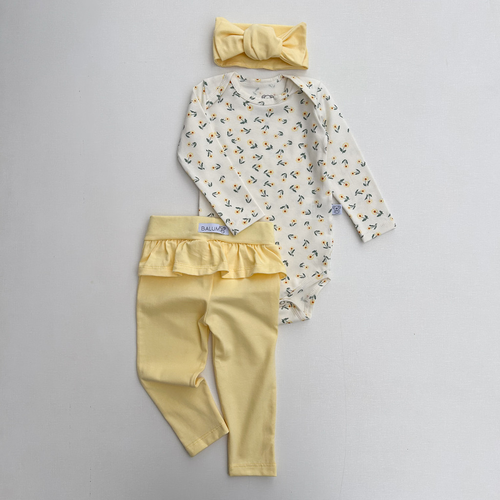 Conjunto 3 peças Body e calça com babado em cotton menina