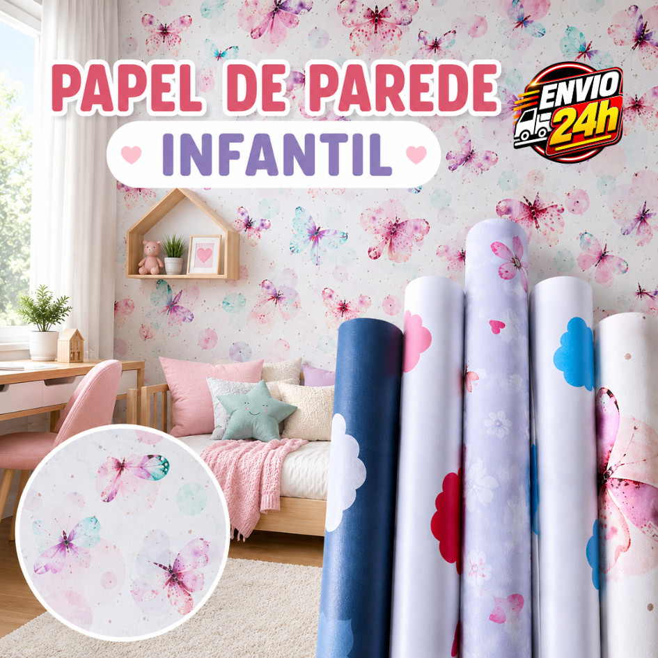 Papel de Parede Infantil Borboleta Astronauta Bailarina Nuvem Autocolante Lavável Quarto Bebê 5m x 45cm