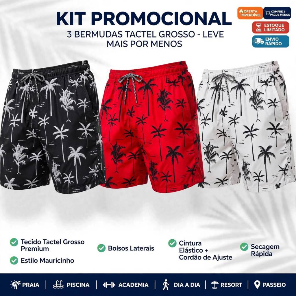 Kit 3 Bermudas Masculina Mauricinho Tactel Estampada Coqueiro Tactel Short Praia Fabricante