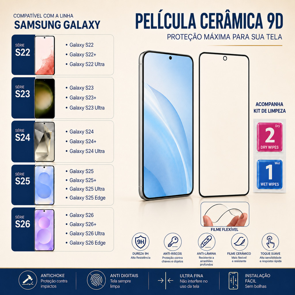 Película Protetora Cerâmica 9D para Samsung Galaxy S22 S23 S24 S25 S26 Plus Ultra Edge FE