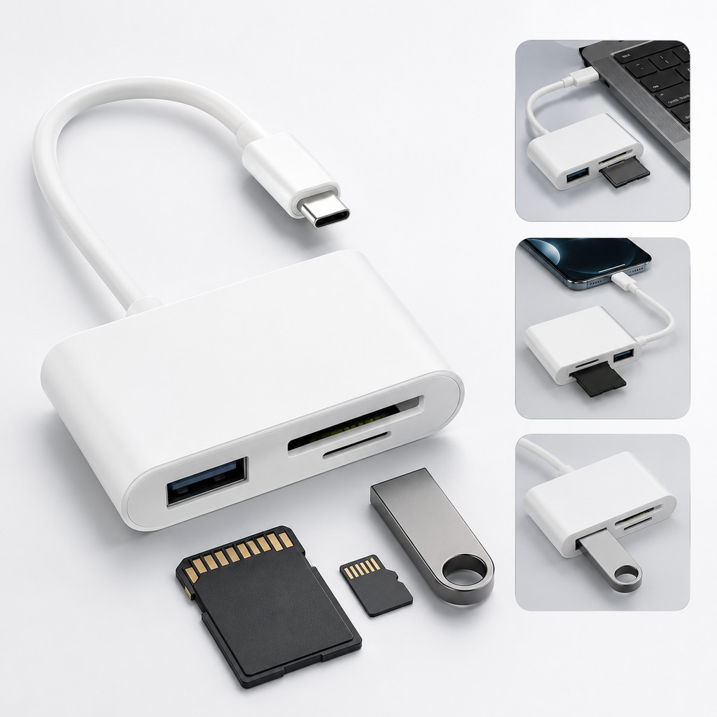 Adaptador Leitor de Cartão Tipo C 3 em 1 USB OTG SD MicroSD