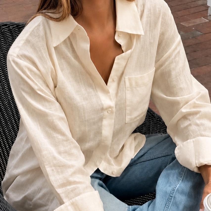 Camisa de feminina tecido linho  manga longa classico basico e versatil Leve, Solta e Casual