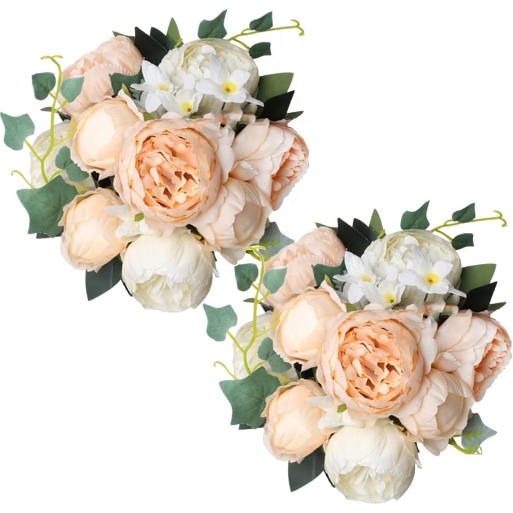 Shengyuan 2 Pacotes de Flores Artificiais de Peônia, Peônias de Seda em Tom Creme Champanhe, Arranjos de Buquês de Flore