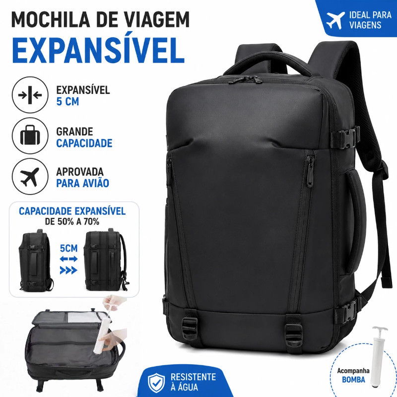 Mochila Expansível 50L com Compressão a Vácuo para Viagem e Trabalho Notebook 17" Impermeável