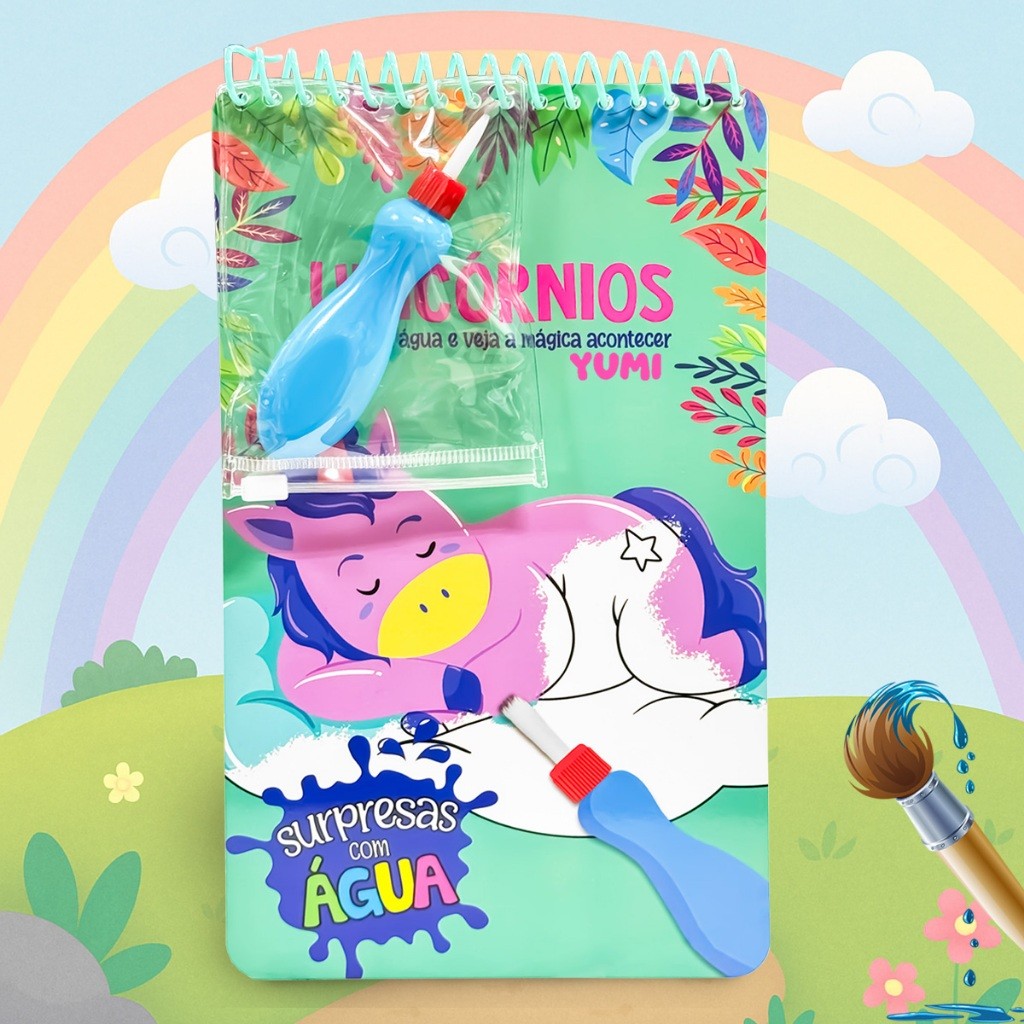 Livro Infantil Menina Unicórnio Surpresas com Água - Pinta Com Água Capa Dura Agua book Aquabook
