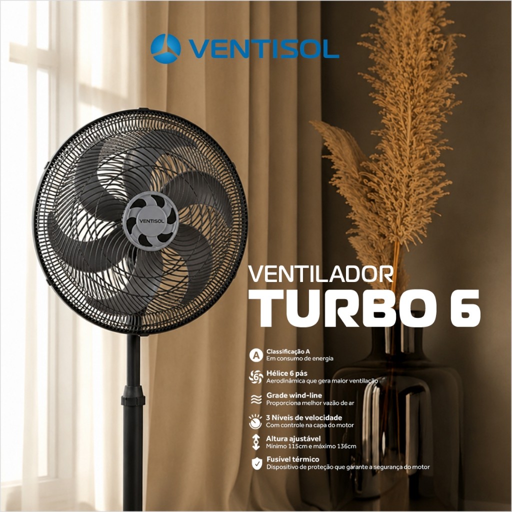 Ventilador Coluna Ventisol Turbo 6 Ventilador 30,40,50cm 6 Pás Ventilador Grade Aço Cinza 127v/220v