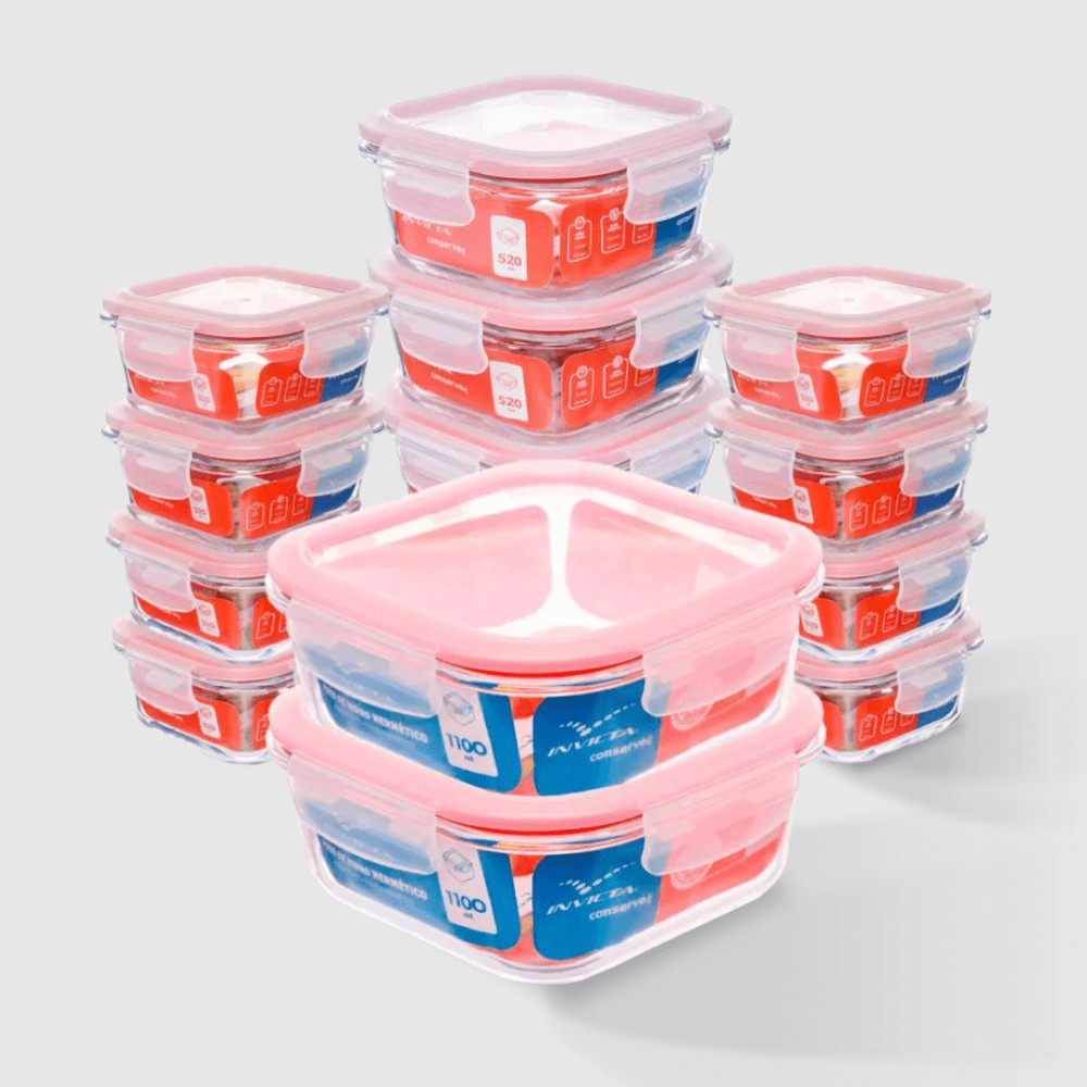 Kit com 14 Potes de Vidro Herméticos Quadrados Conserve Mais Invicta