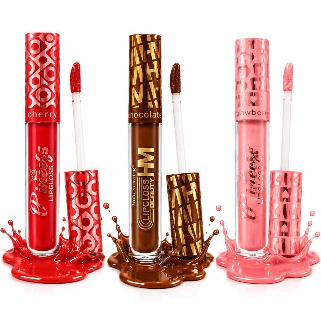 Lip Gloss Hold Morning Morango, Chocolate e Cereja lip gloss Brilho intenso Efeito Espelhado