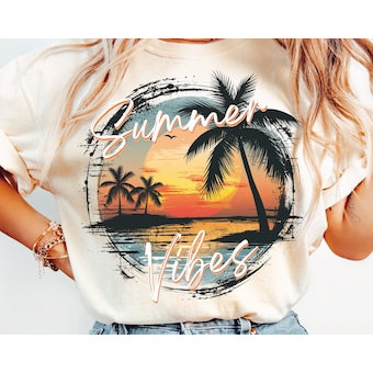 Camiseta Feminina Estampa Tropical de Praia com Palmeiras e pôr do Sol Confortável Linda e Estilosa Moda Feminina Verão