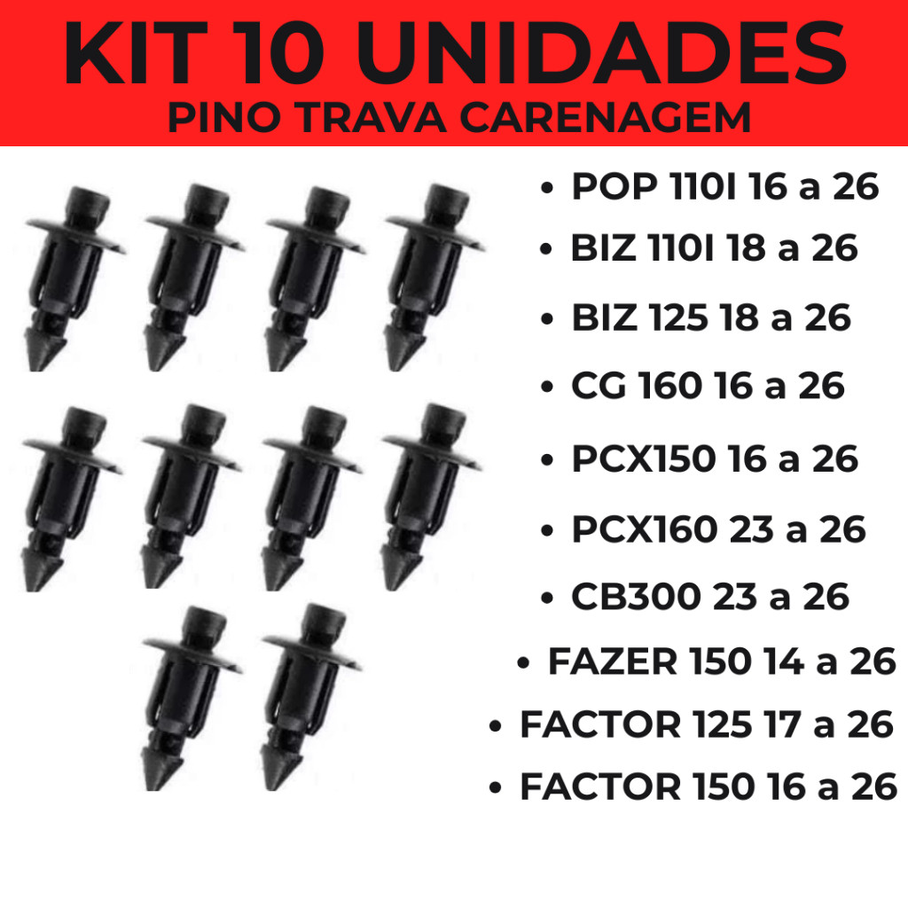 10 Trava 6mm Presilha Fixar Carenagem e Rabeta Pop/Biz/CG160/PCX/CB300/Fazer/Factor/ Pino Pequena Preta