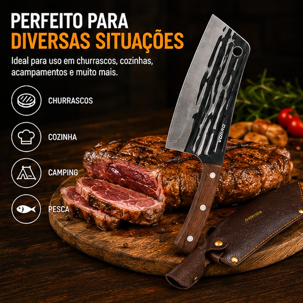 Cutelo de Aço Forjado Artesanal Profissional Com Bainha Cabo Ergonômico Churrasco Açougue — imagem 2 de 2