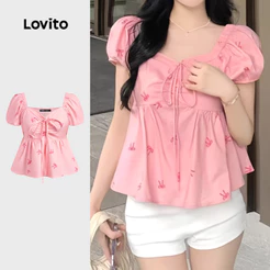 Lovito Casual Blusa Fofa De Desenho Animado Com Cadarço Blusa De Verão/Primavera Para Mulheres Bordado L128ED206
