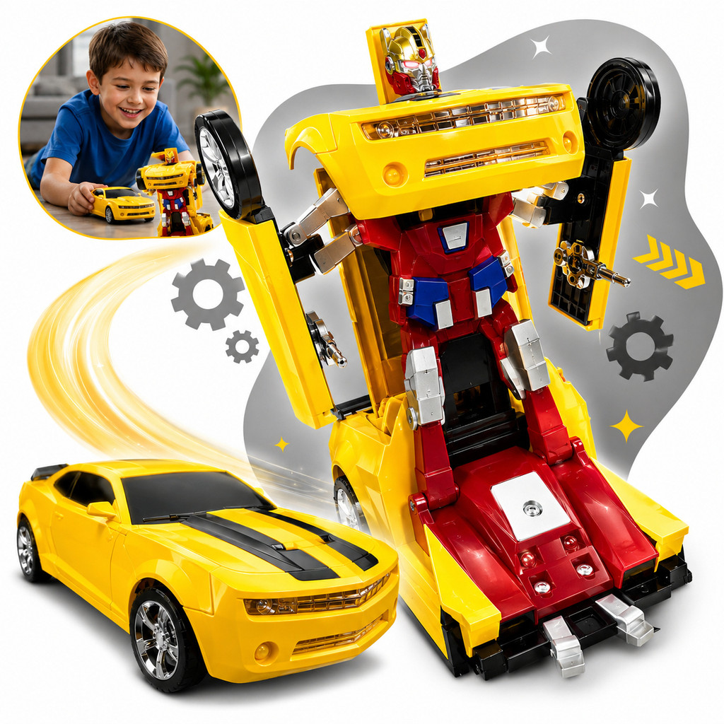 Carrinho Que Vira Robô Automático Bate e Volta Com Luz LED Som e Movimento 360 Graus Escala Amarelo Kizumba