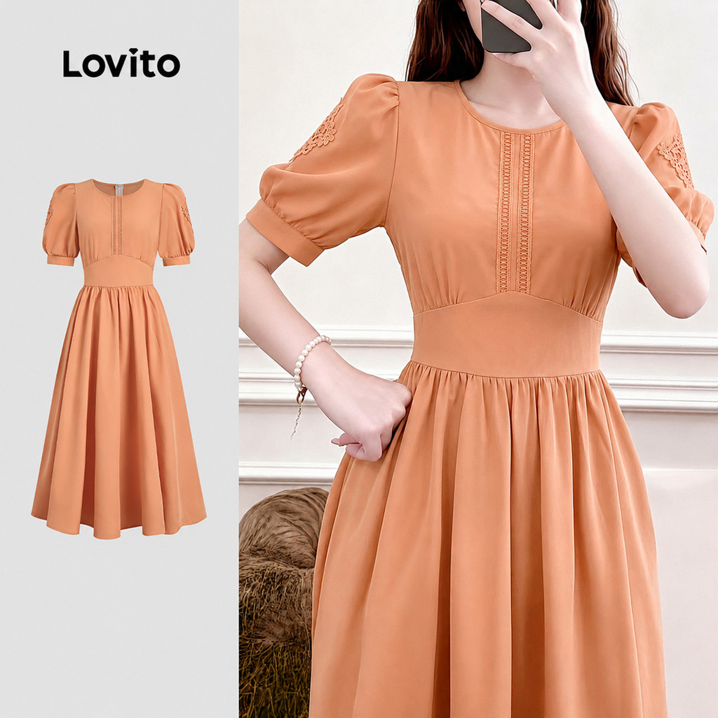 (New Arrival) Lovito Vestido de Primavera/verão Casual de Renda Plissada Laranja