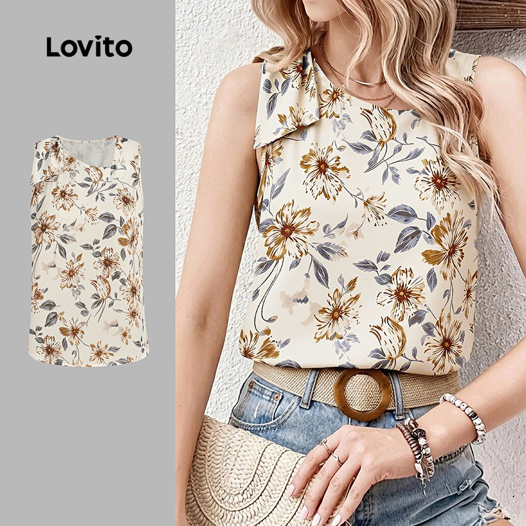 (New Arrival) Lovito Elegante Top Assimétrico com Leve Cáqui Claro de Primavera/