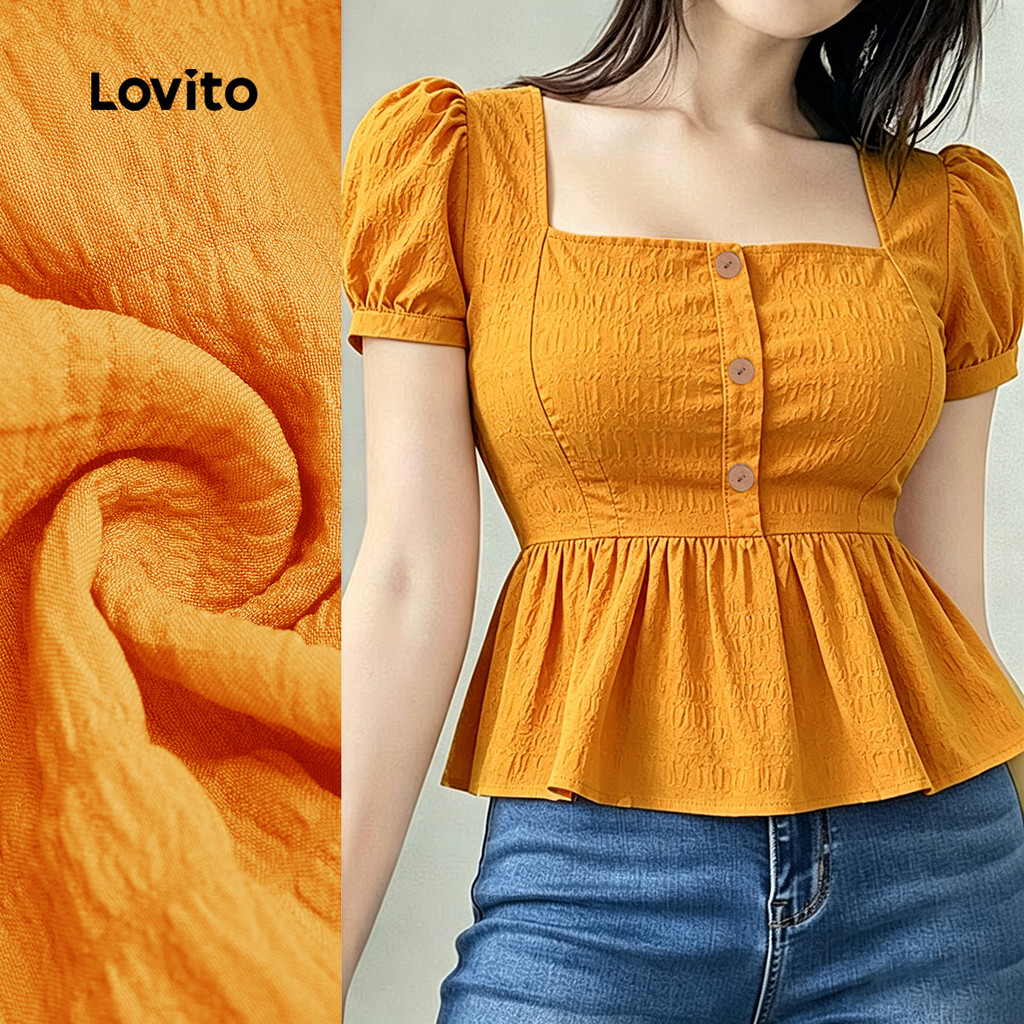 (New Arrival) Lovito Blusa Casual com Franzido Primavera/verão Blusa Laranja par