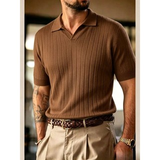 Camisa Polo de Malha com Gola de Avião Canelada Masculina, Manga Curta, Moda de Verão
