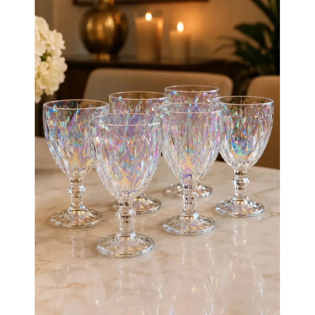 Jogo de Taças Diamond 6 Peças Vidro Cristal Kit Luxo Para Vinho Água Suco Decoração Mesa Posta Elegante Furta-Cor 340ml