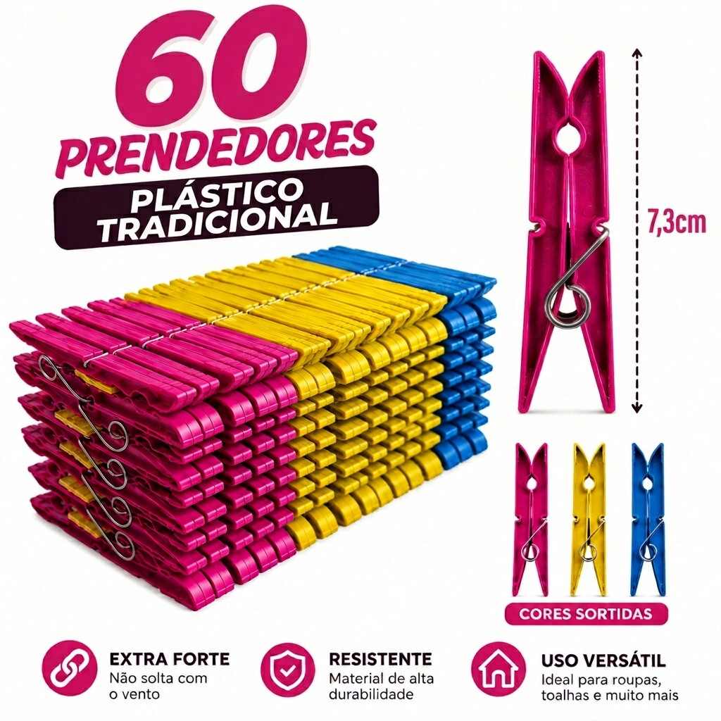 Pregadores de Roupa PLÁSTICO Mega Reforçado - Cores Sortidas Kit com 60 / 48 / 36 / 24 / 12