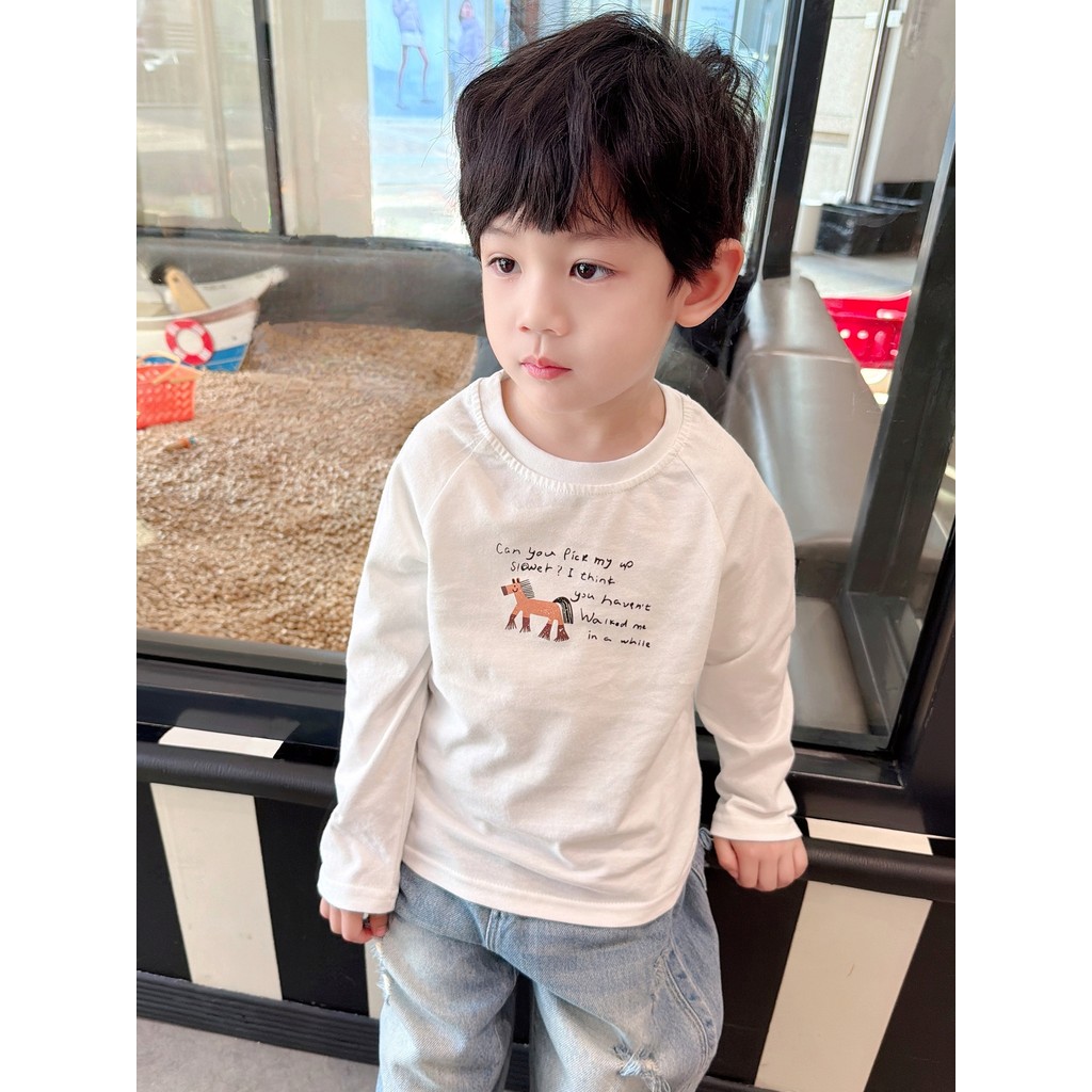 Algodão puro ceroso macio ~ meninos pônei impresso camiseta de manga comprida 2026 primavera outono novo estilo crianças
