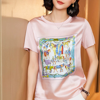 Camiseta de manga curta de seda pesada roupas femininas 2025 verão novo estilo impresso seda amoreira costura algodão me