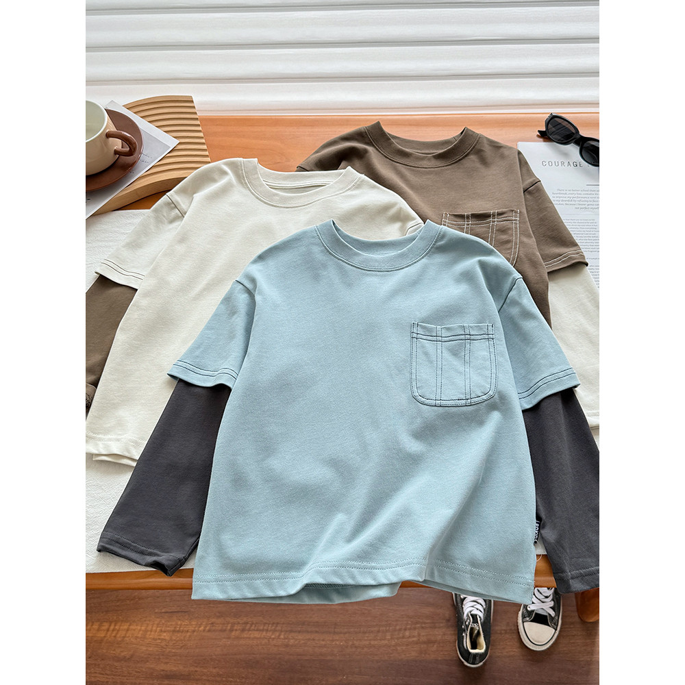 Meninos de manga comprida camiseta puro algodão primavera outono 2025 outono novo estilo crianças versão coreana falso c
