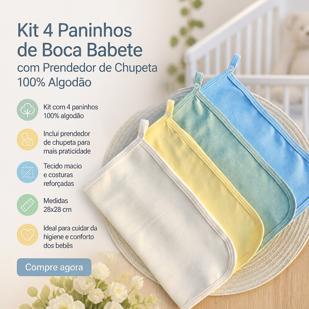 Kit 4 Paninhos de Boca Babete com Prendedor de Chupeta - 100% Algodão