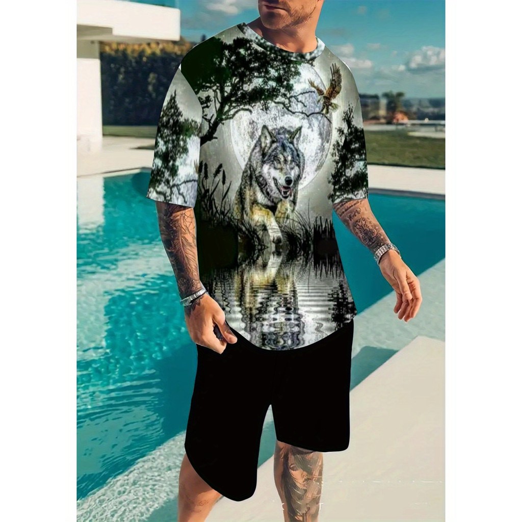 Conjunto de 2 peças masculino verão Casual lobo padrão estampado camiseta de manga curta e Shorts esportivos