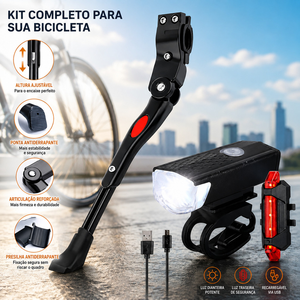 Kit para Bicicleta com Descanso Lateral Regulável em Alumínio + Farol LED 300 Lúmens e Sinalizador
