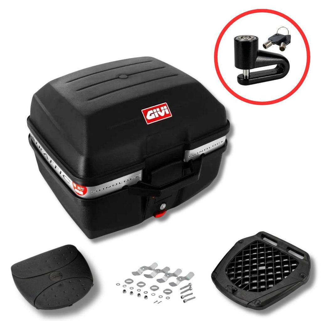 Baú para Moto Monolock Givi Traseiro Traffic E27M 27L com Base Universal + Brinde Trava Cadeado de Disco Pino 5,5mm Spec