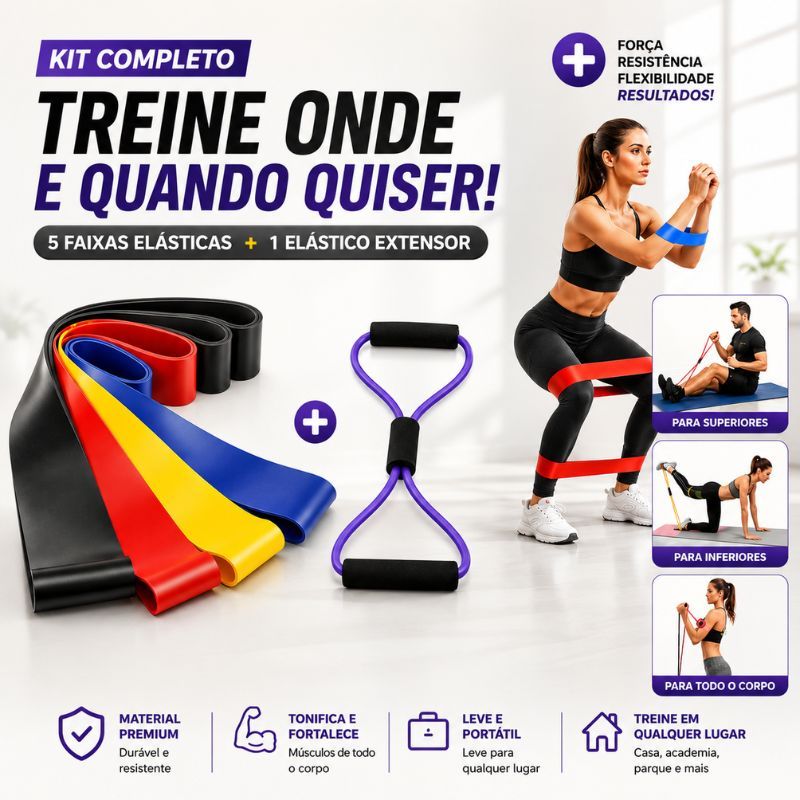 Kit Mini Band 5 Faixas Resistência + Elástico Extensor Cross para Exercícios Academia Casa