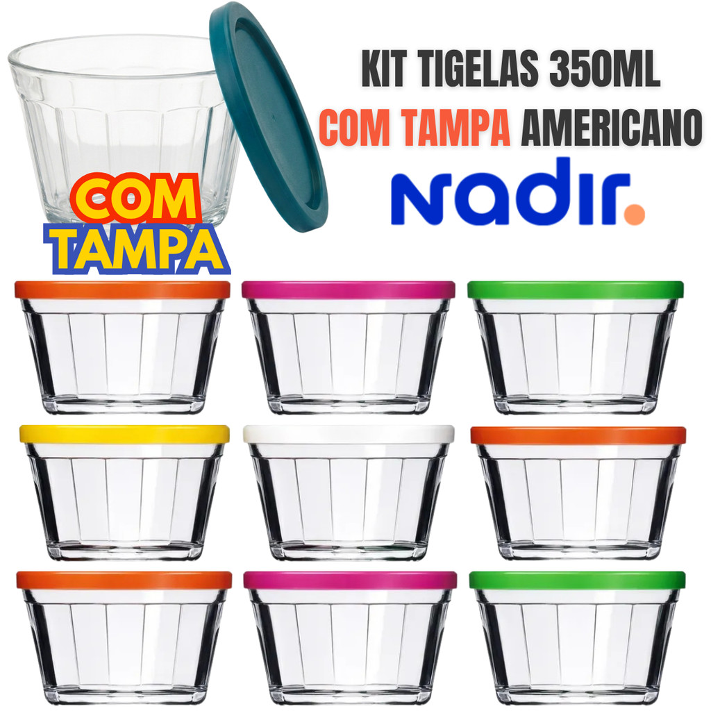 Kit 3, 6 e 12 Potes de Vidro Nadir 350ml Com Tampa Tigela Americana Original Nadir Micro-ondas, Freezer e Marmita