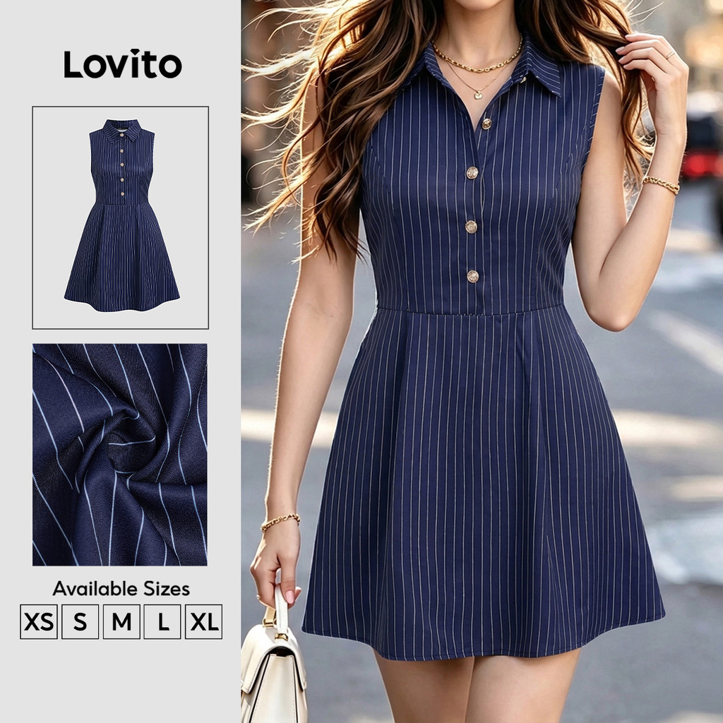 (New Arrival) Lovito Vestido Casual Listrado Com Botões E Pregas Na Altura Do Joelho Modelo Evasê Azul Estilo Retrô Anos 90 Para Mulheres DRB201P1D044